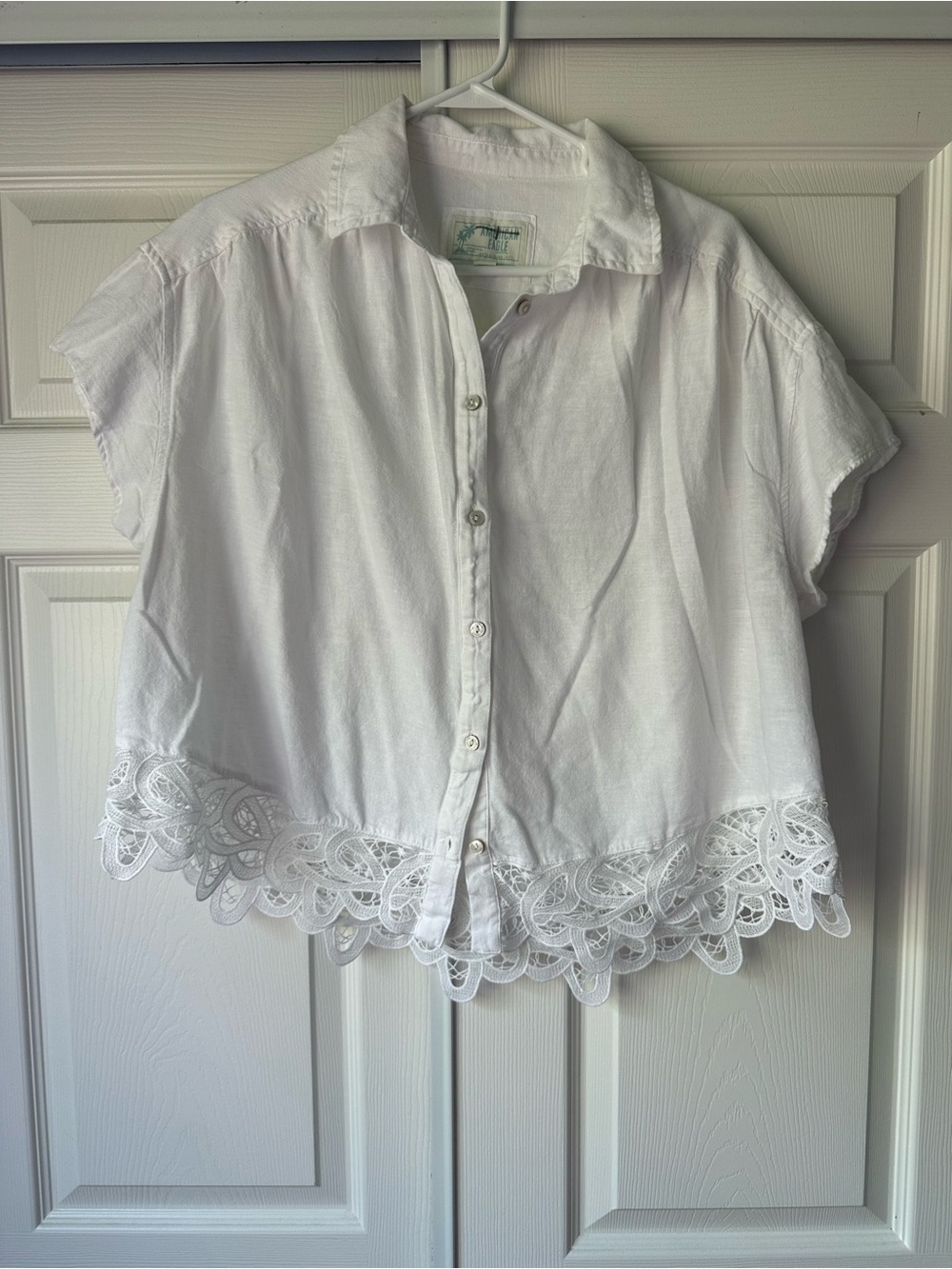 American Eagle Outfitters White Button-Up Blouse with Lace Hem